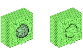 Tetrahedral finite cell mesh and STL geometry (left), subdivided finite cell mesh (right)