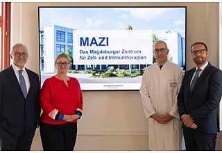v.l.: Prof. Dr. med. Hans-Jochen Heinze, Ärztlicher Direktor am Universitätsklinikum Magdeburg A.ö.R, Prof. Dr. rer. nat. Daniela C. Dieterich, Dekanin der Medizinischen Fakultät Magdeburg, Prof. Dr. med. Dimitrios Mougiakakos, Direktor der Universitätsklinik für Hämatologie, Onkologie und Zelltherapie sowie Sprecher des neuen Zentrums und Marco Bohn, Kaufmännischer Direktor am Universitätsklinikum Magdeburg A.ö.R. Fotografin: Sarah Kossmann