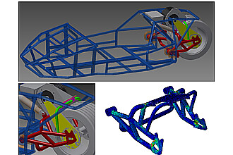 Konstruktionsmodell der Rahmenstruktur und FE-Modell der Hinterradschwinge