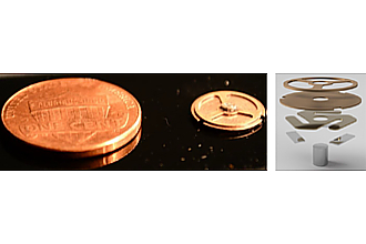 Integrated laser micromachined motor (middle) with US penny (left) for scale, piezoelectric motor design (right)