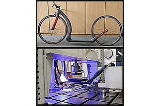CFK-Rollers (oben); Prüfstandsaufbau für Bruchtest mit optischem Messsystem und Dehnungsmessstreifen (unten)