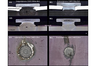 Querschliff WES-Verbindung links: übliche Prozesszeit, rechts: Kurzzeitprozess mit geringer thermischer Schädigung. Oberes Blech Al 6016, unten 22MnB5