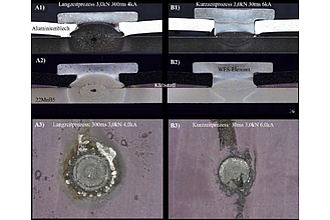 Querschliff WES-Verbindung links: übliche Prozesszeit, rechts: Kurzzeitprozess mit geringer thermischer Schädigung. Oberes Blech Al 6016, unten 22MnB5