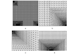 Uniform and nonuniform triangular meshes: (a) - partitioning of the beam section into triangles; (b) - mesh in the vicinity of crack tip; (c) - mesh near concentrated support; (d) - mesh in the area of force application. Uniform mesh step h=100 μm