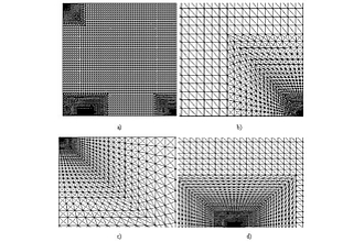 Uniform and nonuniform triangular meshes: (a) - partitioning of the beam section into triangles; (b) - mesh in the vicinity of crack tip; (c) - mesh near concentrated support; (d) - mesh in the area of force application. Uniform mesh step h=100 μm