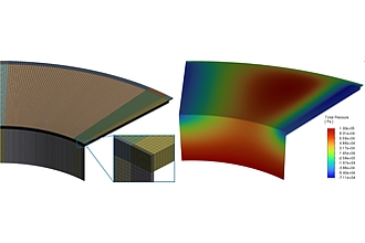 Parametriertes CFD-Modell (links); exemplarisches Ergebnis für den Druck (rechts)