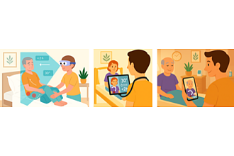 Abbildung 1: Beispiel für Umlagerungshinweise zur Dekubitusprophylaxe mit cAReCoach auf unterschiedlichen Gerätetypen (links: AR-Brille, mitte: Tablet mit Nackenhalterung, rechts: Smartphone).