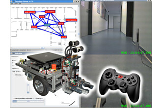 Telerobotik - Hintergrund: Operator-Ansicht, Vordergrund: Roboter und Controller